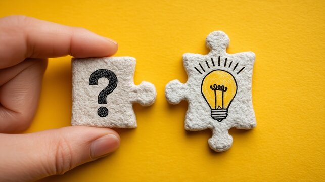 Question mark and lightbulb puzzle pieces on yellow background - Powered by Adobe
