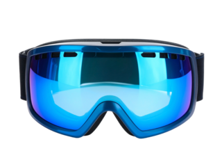 Pair of blue mirrored ski goggles, ideal for winter sports, skiing, snowboarding, and outdoor activities in snowy conditions. Perfect gear for cold weather adventures.