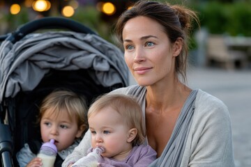 Naklejka premium A caring mother holds her two young children close, sharing a tender moment outdoors as they enjoy their bottles, surrounded by a bright and cheerful atmosphere.