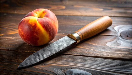 wood file or rasp positioned next to a ripe, fuzzy peach — a curious pairing of rough craftsmanship and soft natural beauty.