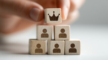 Wooden blocks stacked in pyramid with crown and people icons