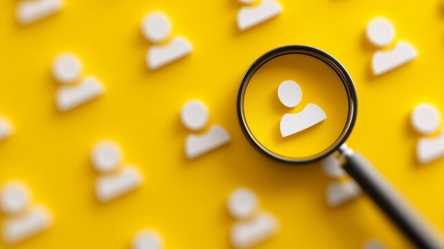 Magnifying glass focusing on a person icon on yellow background