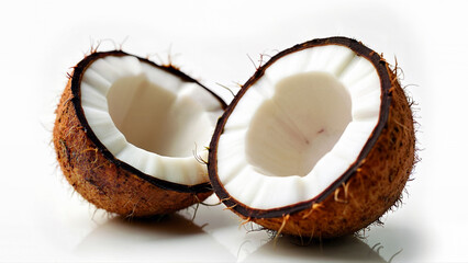 Two halves of a fresh coconut with visible seeds and juicy white flesh are isolated on a white background. Suitable for food, nutrition, tropical, and healthy lifestyle concepts in digital or print