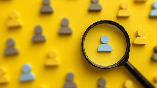 Magnifying glass focusing on a blue figure among yellow figures