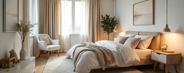 Serene Minimalist Bedroom Calming Neutral Decor, Plush Textiles, Soft Lighting, Perfect for Relaxation and Peaceful Sleep