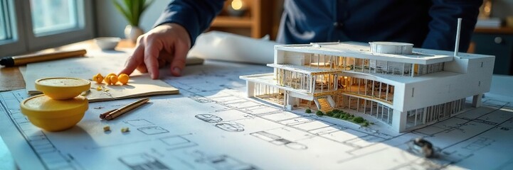 Architect Meticulously Reviewing Modern Building Blueprints,  Planning Innovative Structure and Design.  Serious, Focused Professional in Architectural Office Setting.