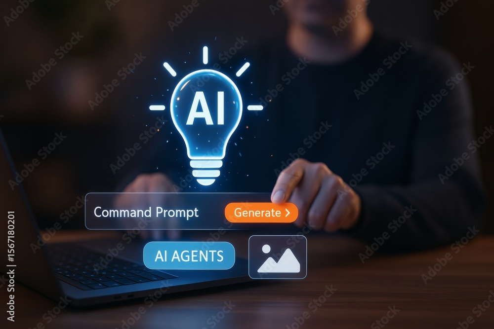 Poster person using generative ai for creative ideas and content creation. concept of a command prompt, inn