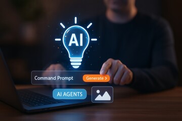 Person using generative AI for creative ideas and content creation. Concept of a command prompt, innovation, and future technology.