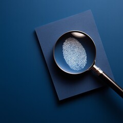 Fingerprint under magnifying glass on blue background, investigation concept