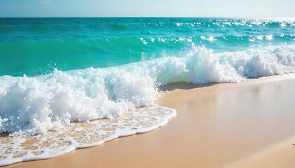 Sunlit Turquoise Waves Crashing on Sandy Beach Idyllic Summer Vacation Scene