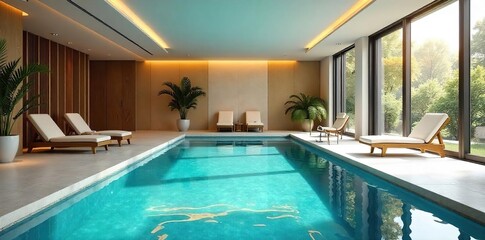 A luxurious indoor swimming pool, bathed in natural light, features sleek design and tranquil blue water Perfect for relaxation, wellness, and healthy living , wellness, indoor, vacation