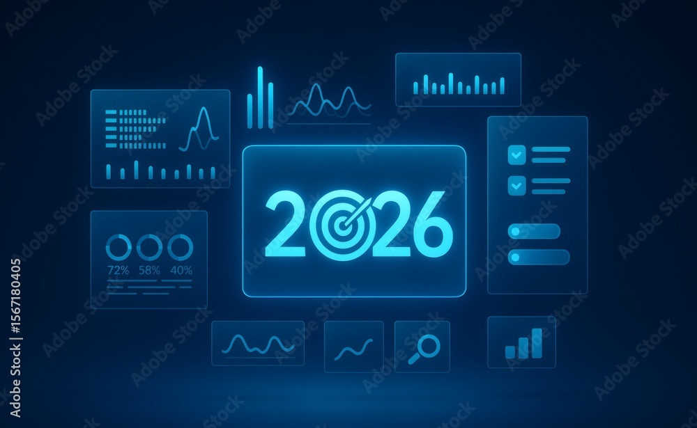 Aufkleber 2026 business goals concept. virtual interface dashboard with data analytics, charts, and a target i