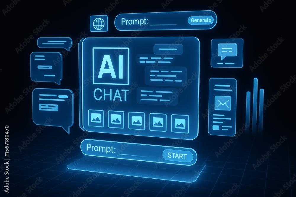 Poster concept of an artificial intelligence chatbot. futuristic virtual interface for communication, custo