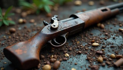 Rusty Relict A Close-Up of a Discarded Weapon, Evoking Forgotten Conflict and the Persistent Threat of Violence.  The images texture and detail highlight the weapons age and inherent danger.