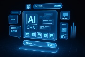 Concept of an Artificial Intelligence chatbot. Futuristic virtual interface for communication, customer service, and content generation with a glowing blue hologram.