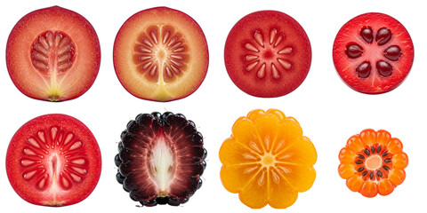 Sliced berries displaying various shapes and colors on white background, set  