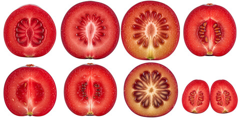 Cross-section of red berries showcasing different shapes and patterns, set  