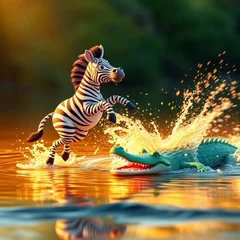  Dynamic 3D cartoon zebra and crocodile scene rendered with a warm golden glow. The zebra jumps from the riverbank, escaping the splashing crocodile.  The image emphasizes movement with blurred lines © sangrengo