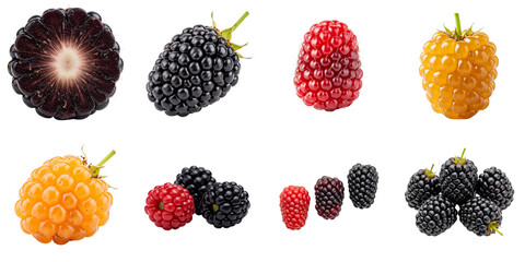 Assorted blackberries isolated on white, set  