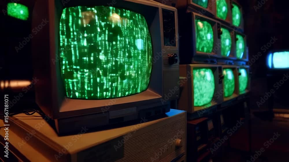 Poster retro tv screens displaying static and green code in a dimly lit room