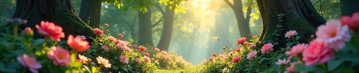 Magical Sunlight Dapples Vibrant Blossoms in an Enchanted Forest, Creating an Ethereal and Romantic Atmosphere, Perfect for Fantasy and Fairytale Themes