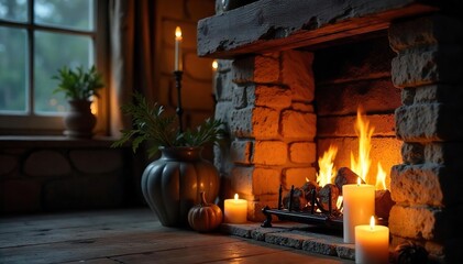 Rustic Fireplace with Flickering Candlelight Warm AutumnWinter Ambiance