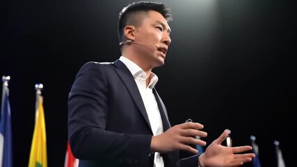An engaging East Asian male speaker in a suit actively presents on stage, with a blurred backdrop of international flags, symbolizing leadership, public speaking, and global communication.

