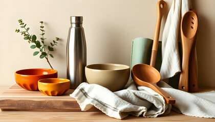 Eco-Friendly Kitchen Utensils on Beige Background