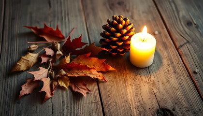 Autumn Still Life with Dry Leaves, Pine Cones and Candle