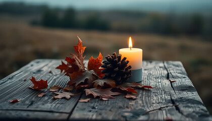 Autumn Still Life with Dry Leaves, Pine Cones and Candle