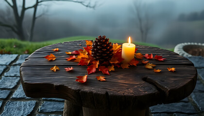Autumn Still Life with Dry Leaves, Pine Cones and Candle