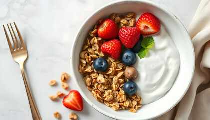 Healthy breakfast with granola and berries