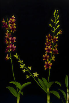 Elegant Purple Orchid Flowers (Dendrobium) on Black Background &ndash; Digital Botanical Illustration