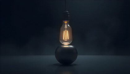 Creative Light Bulb Glowing in the Dark on Reflective Surface