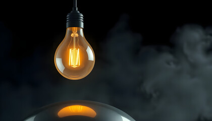 Creative Light Bulb Glowing in the Dark on Reflective Surface