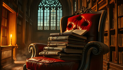 Stack of Vintage Books with Warm Lighting and Dust Particles