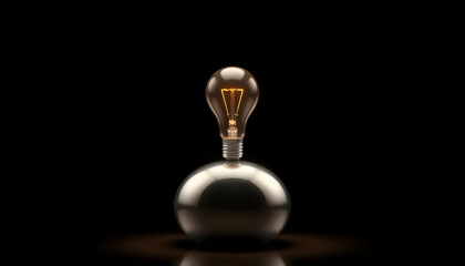 Creative Light Bulb Glowing in the Dark on Reflective Surface