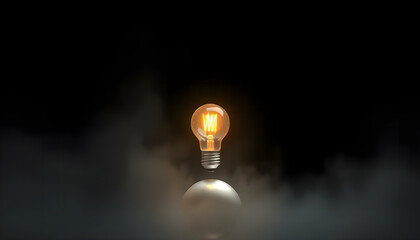 Creative Light Bulb Glowing in the Dark on Reflective Surface