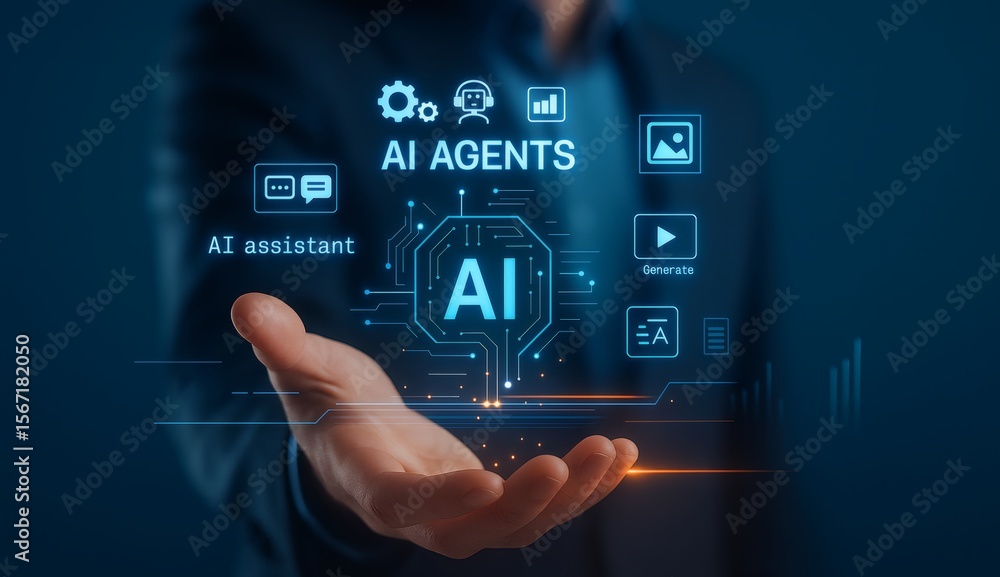 Poster futuristic ai assistant interface with virtual ai agents icons for image, chat, text, and video gene