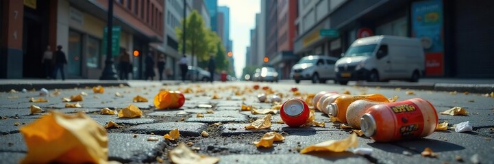 Urban Decay Fast Food Litter and Plastic Waste Contrast Sleek City Architecture, Highlighting Environmental Pollution and Irresponsible Disposal