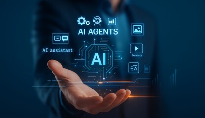 Futuristic AI assistant interface with virtual AI agents icons for image, chat, text, and video generation, artificial intelligence technology concept