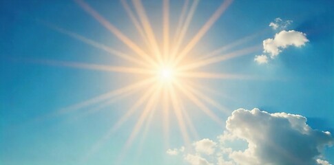 Golden sun rays bursting through a vibrant, clear blue sky, illuminating the atmosphere with a warm, radiant glow Perfect for summer, nature, and energy themes , texture, sunburst