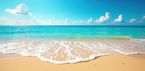 A vibrant sunny day at the beach, with clear blue water lapping gently against the golden sand Perfect for summer vacation themes and travel imagery Enjoy the sun, sea, and sand!, sky, panorama