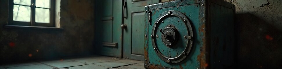 Weathered Antique Safe Mystery and Intrigue in a Dimly Lit Room, hinting at Hidden Treasures and Forgotten Secrets.  A compelling image for mystery, thriller, or detective themes.