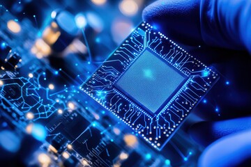 Close-up of a hand holding a microchip over a glowing circuit board, showcasing technology