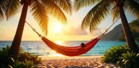 Serene Golden Hour Hammock Swaying Between Palm Trees in Tropical Paradise