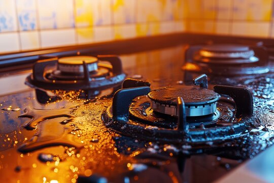 Close-up of a wet gas stove with droplets on burners, highlighting kitchen cleanliness and maintenance