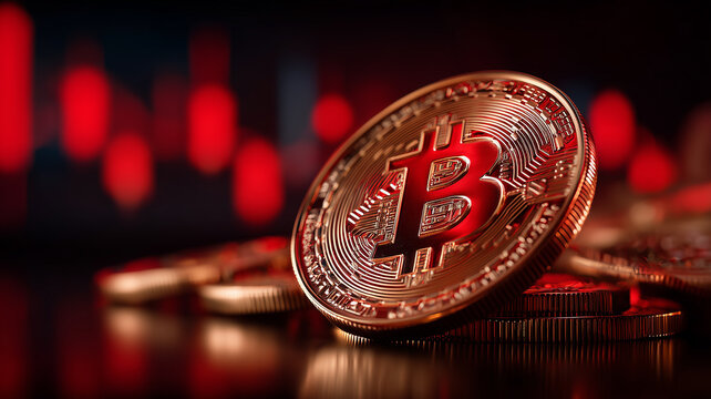 Dramatic cryptocurrency downturn symbolised by a red lit Bitcoin coin against a bearish trading backdrop.
 - Powered by Adobe