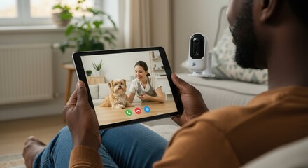 A man video calls with his dog using a tablet
