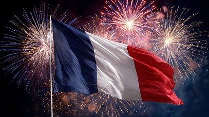 French Flag with Fireworks in the Background – Ideal for Bastille Day Posters and National Day Celebrations